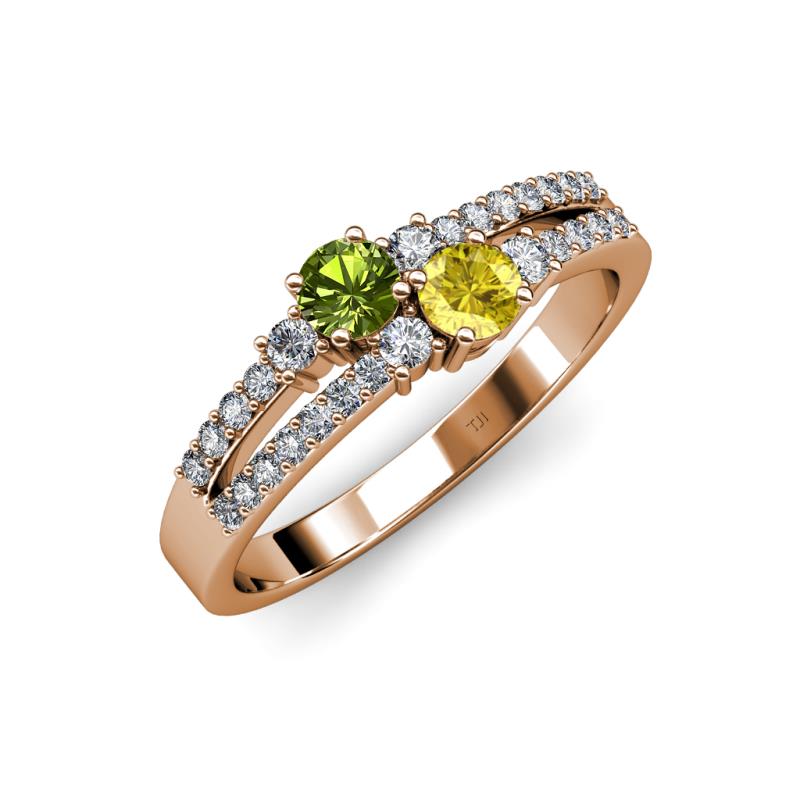 Zaira Peridot and Yellow Sapphire with Side Diamonds Split Shank Ring 