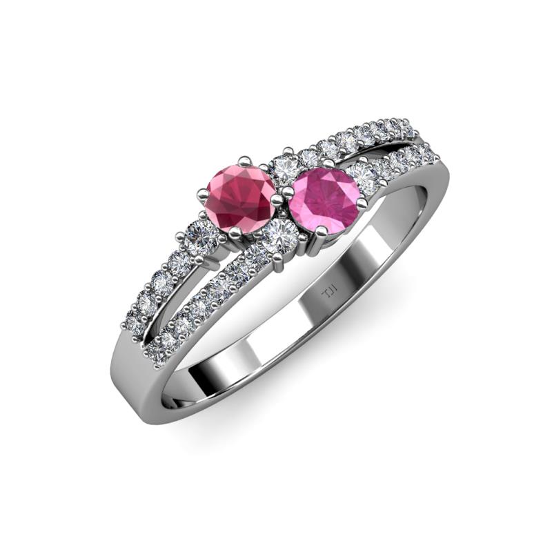 Zaira Rhodolite Garnet and Pink Sapphire with Side Diamonds Split Shank Ring 