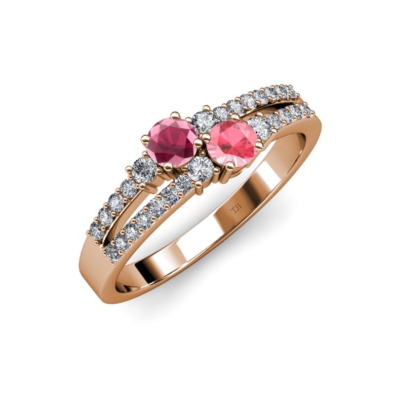 Zaira Rhodolite Garnet and Pink Tourmaline with Side Diamonds Split Shank Ring 