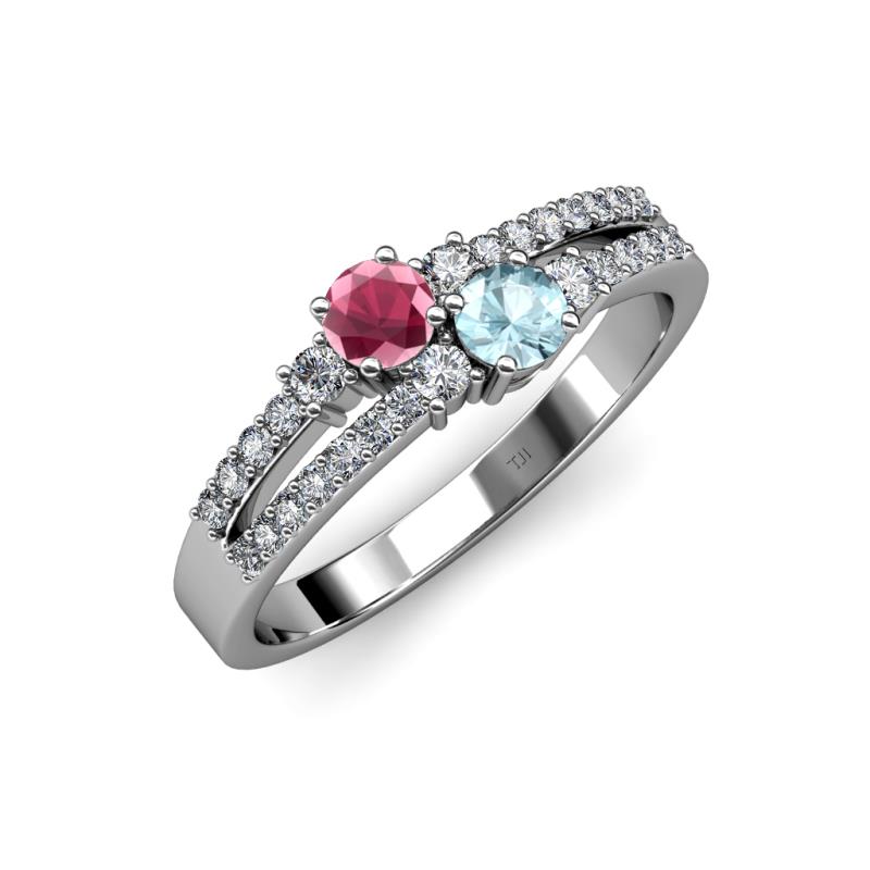 Zaira Rhodolite Garnet and Aquamarine with Side Diamonds Split Shank Ring 