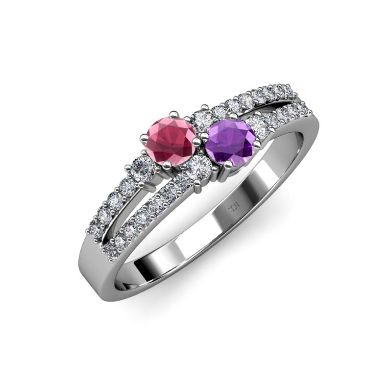 Zaira Rhodolite Garnet and Amethyst with Side Diamonds Split Shank Ring 