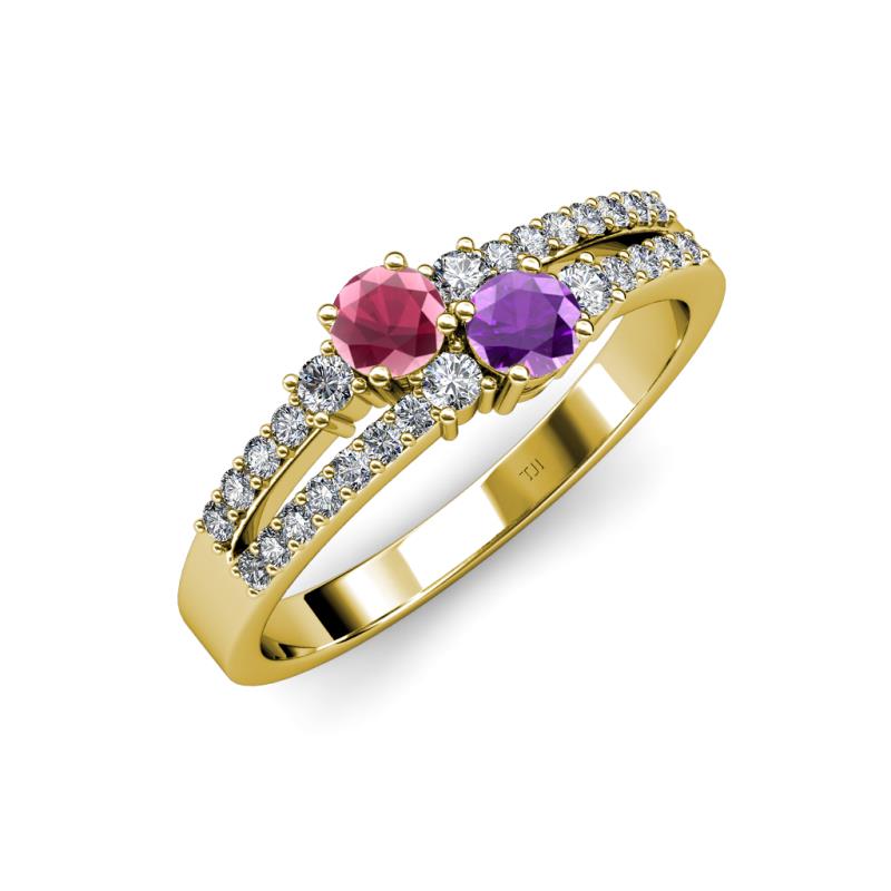 Zaira Rhodolite Garnet and Amethyst with Side Diamonds Split Shank Ring 