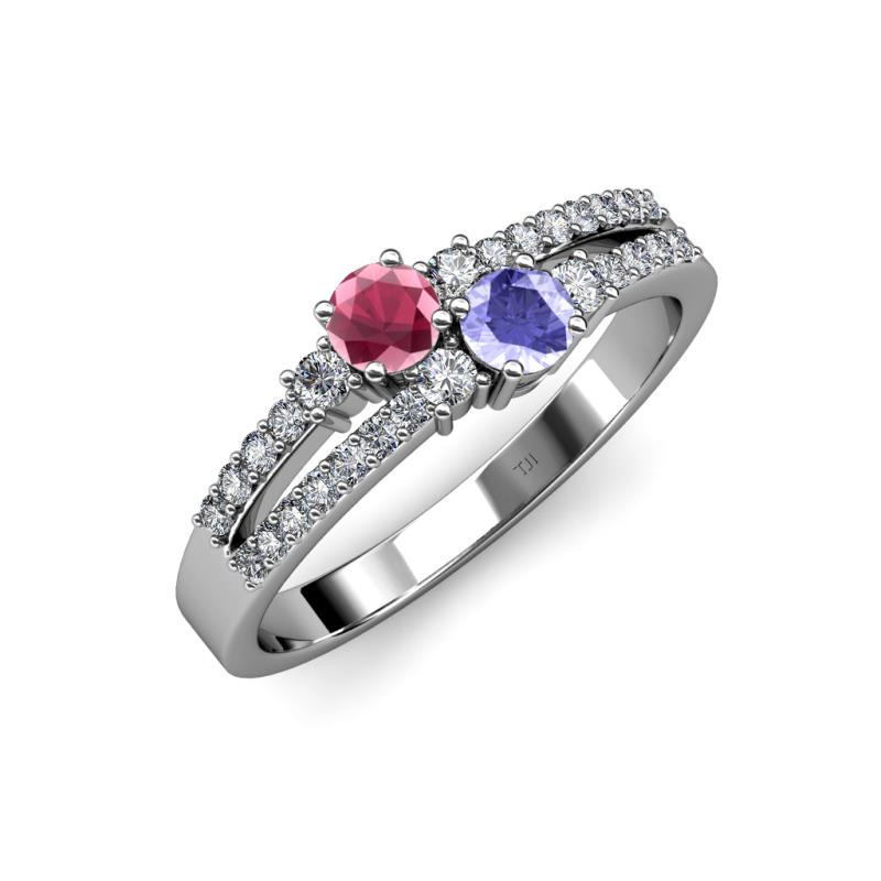 Zaira Rhodolite Garnet and Tanzanite with Side Diamonds Split Shank Ring 