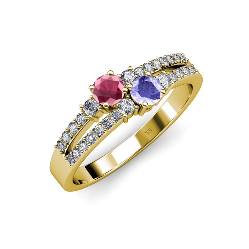 Zaira Rhodolite Garnet and Tanzanite with Side Diamonds Split Shank Ring 