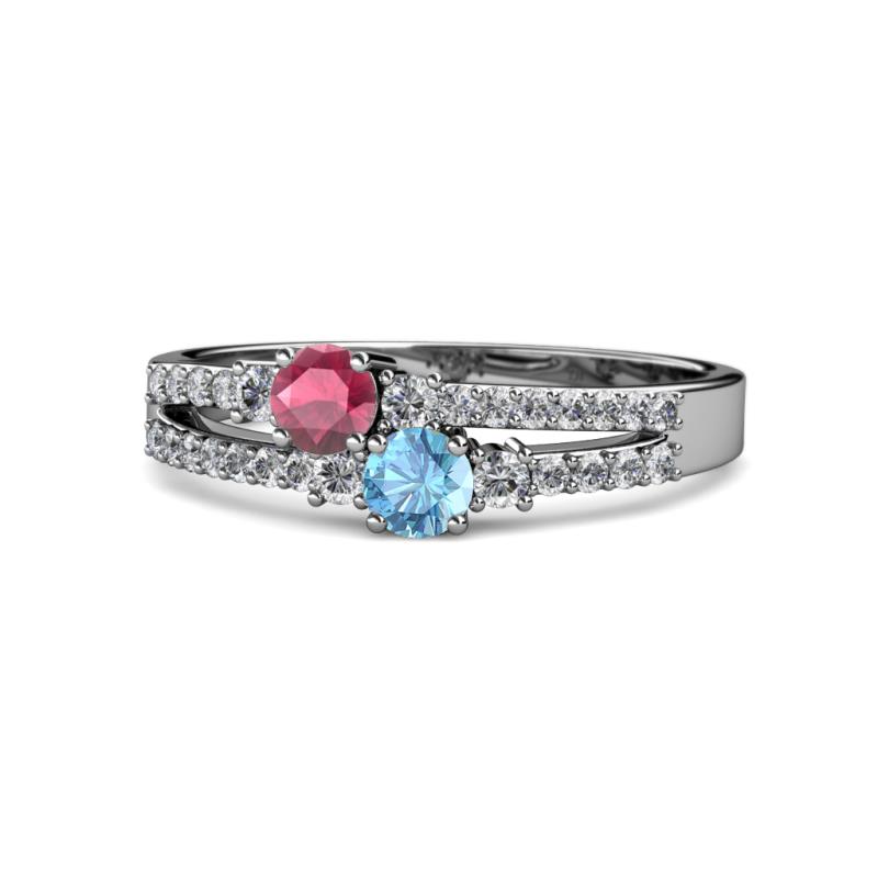 Zaira Rhodolite Garnet and Blue Topaz with Side Diamonds Split Shank Ring 