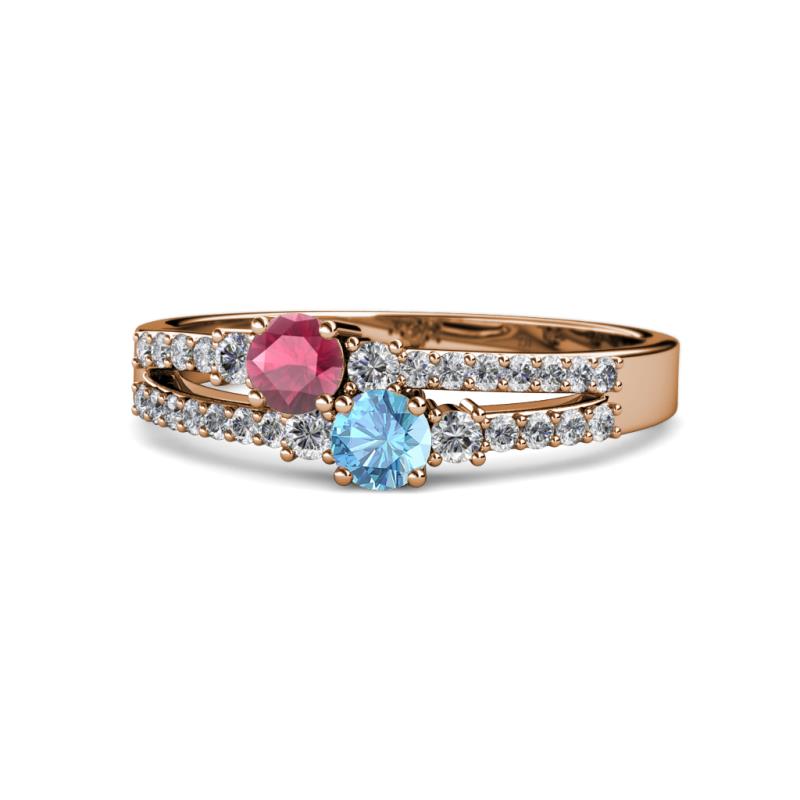 Zaira Rhodolite Garnet and Blue Topaz with Side Diamonds Split Shank Ring 