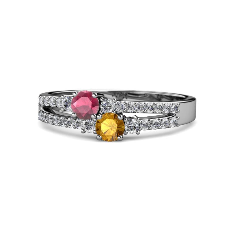 Zaira Rhodolite Garnet and Citrine with Side Diamonds Split Shank Ring 