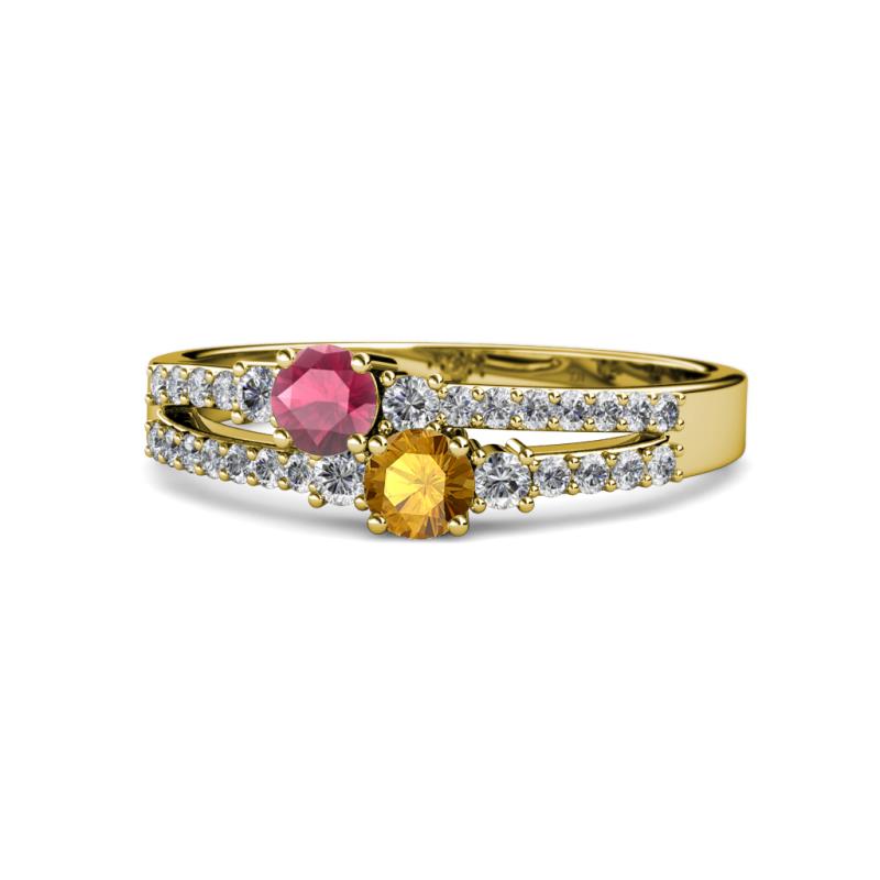 Zaira Rhodolite Garnet and Citrine with Side Diamonds Split Shank Ring 