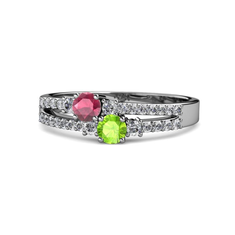 Zaira Rhodolite Garnet and Peridot with Side Diamonds Split Shank Ring 