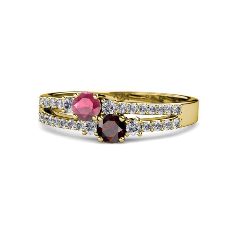Zaira Rhodolite and Red Garnet with Side Diamonds Split Shank Ring 