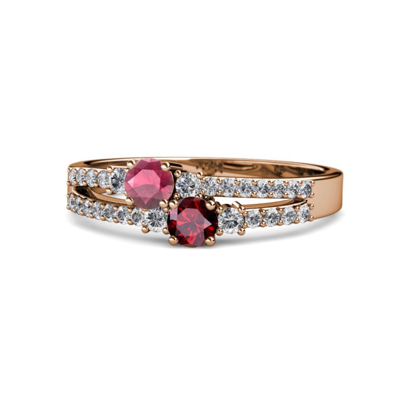 Zaira Rhodolite Garnet and Ruby with Side Diamonds Split Shank Ring 