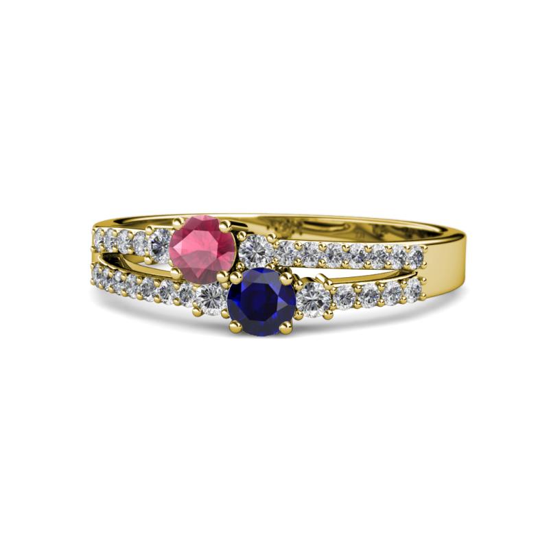 Zaira Rhodolite Garnet and Blue Sapphire with Side Diamonds Split Shank Ring 