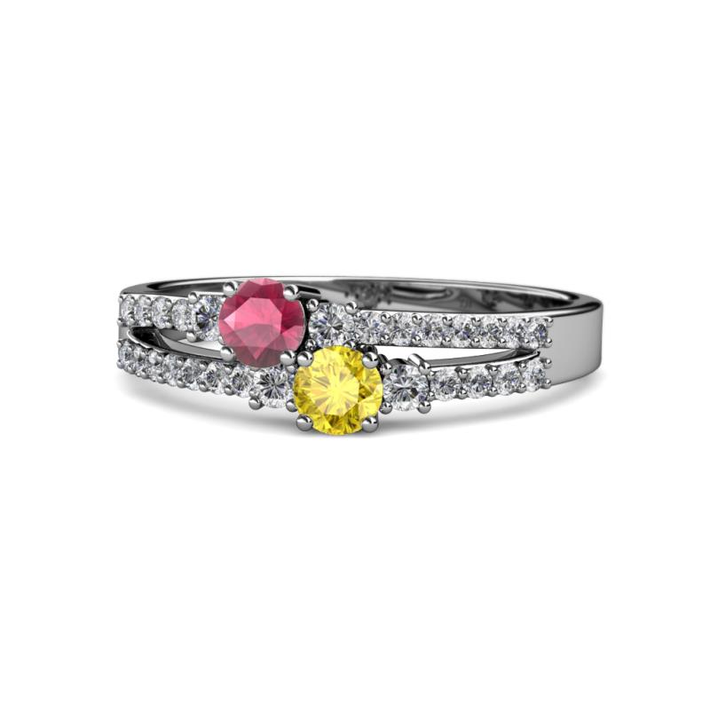 Zaira Rhodolite Garnet and Yellow Sapphire with Side Diamonds Split Shank Ring 