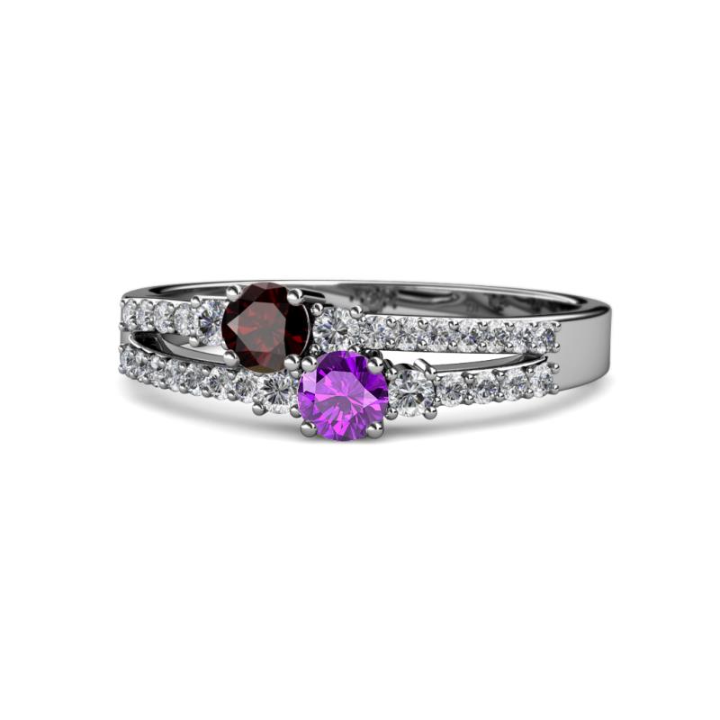 Zaira Red Garnet and Amethyst with Side Diamonds Split Shank Ring 