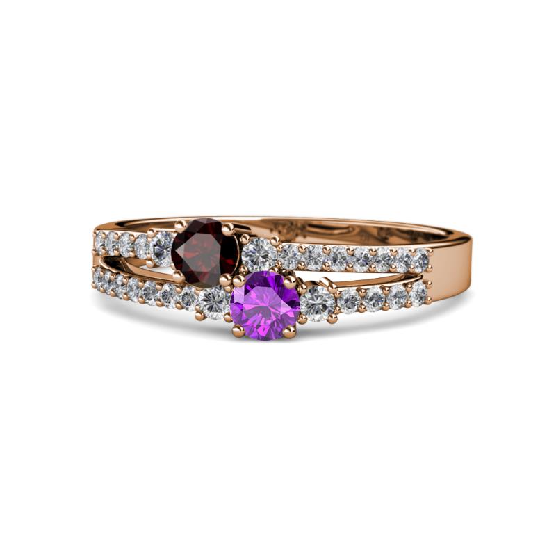 Zaira Red Garnet and Amethyst with Side Diamonds Split Shank Ring 