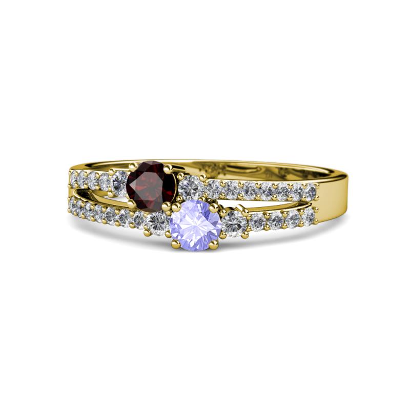 Zaira Red Garnet and Tanzanite with Side Diamonds Split Shank Ring 