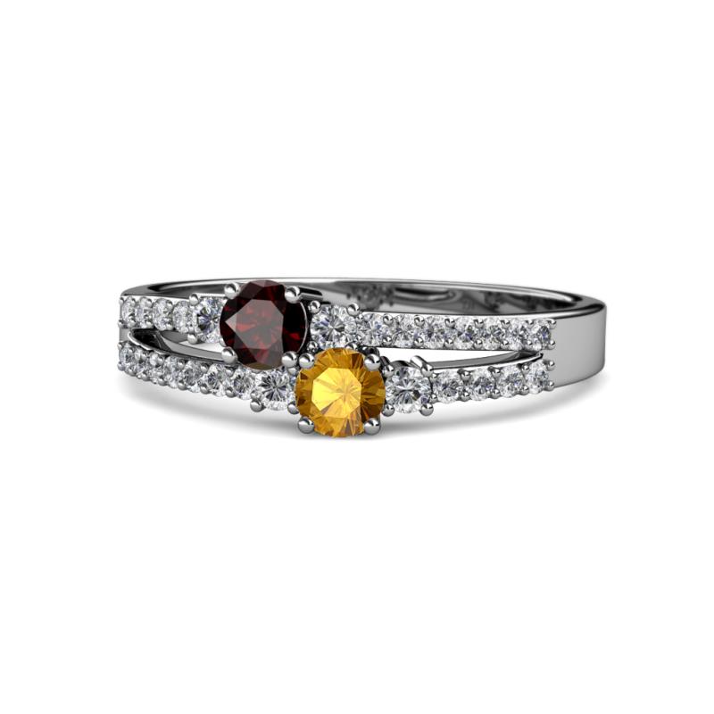 Zaira Red Garnet and Citrine with Side Diamonds Split Shank Ring 