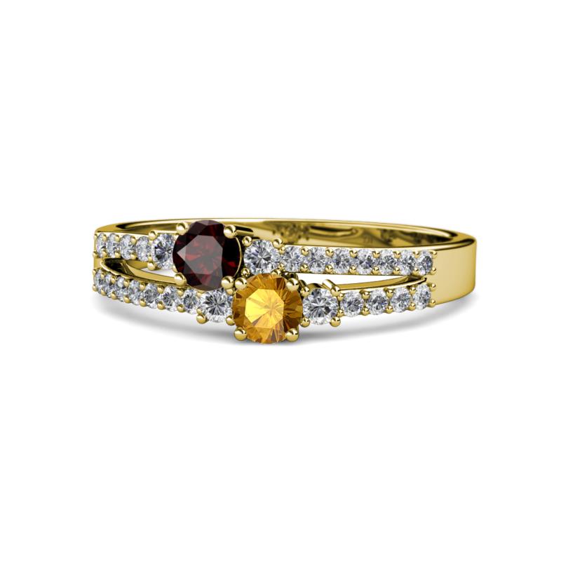 Zaira Red Garnet and Citrine with Side Diamonds Split Shank Ring 