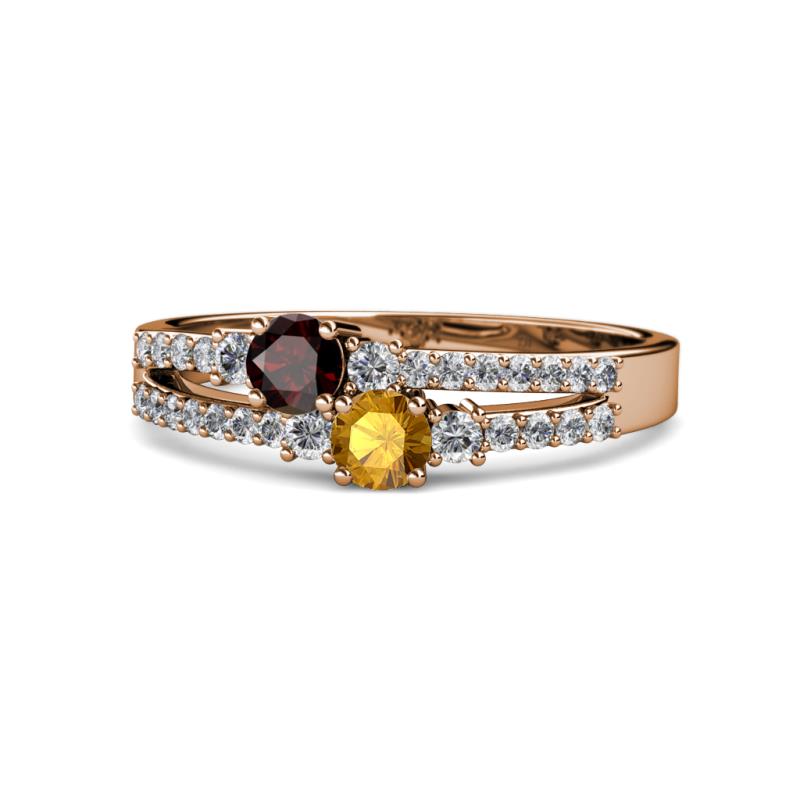 Zaira Red Garnet and Citrine with Side Diamonds Split Shank Ring 