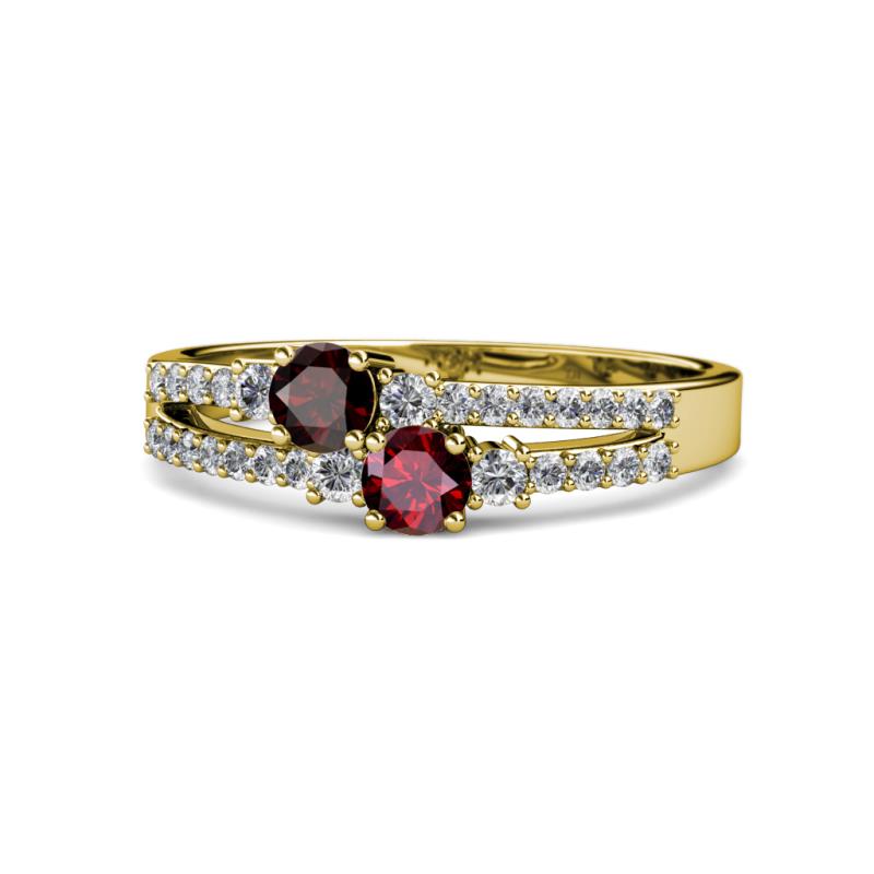 Zaira Red Garnet and Ruby with Side Diamonds Split Shank Ring 