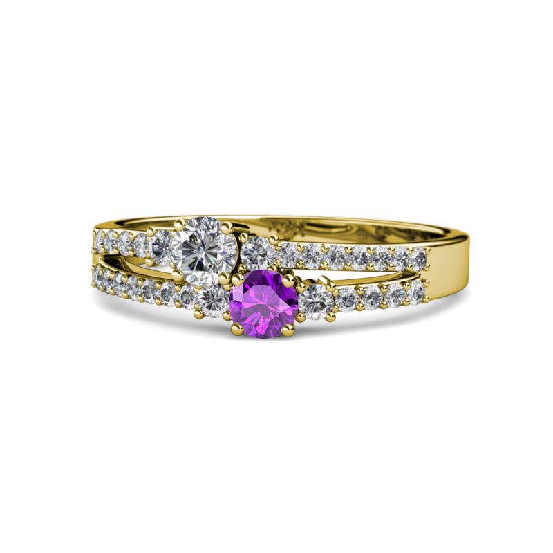 Zaira Diamond and Amethyst with Side Diamonds Split Shank Ring 