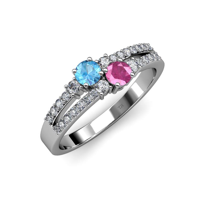 Zaira Blue Topaz and Pink Sapphire with Side Diamonds Split Shank Ring 