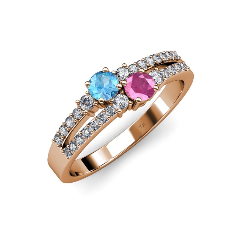 Zaira Blue Topaz and Pink Sapphire with Side Diamonds Split Shank Ring 