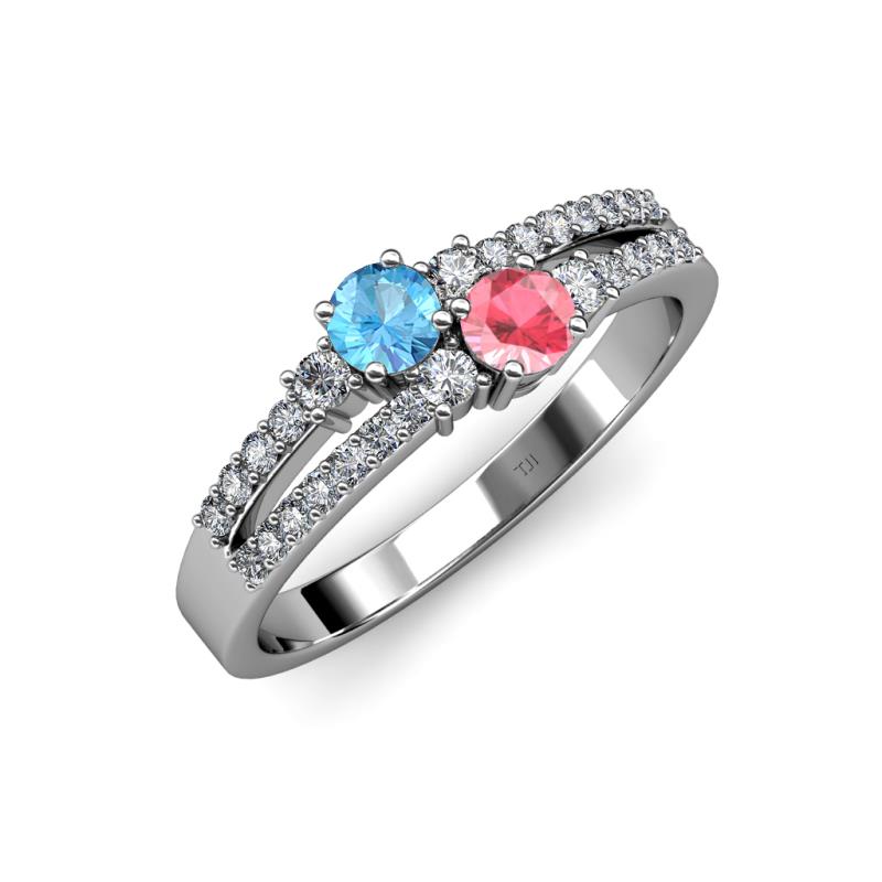 Zaira Blue Topaz and Pink Tourmaline with Side Diamonds Split Shank Ring 
