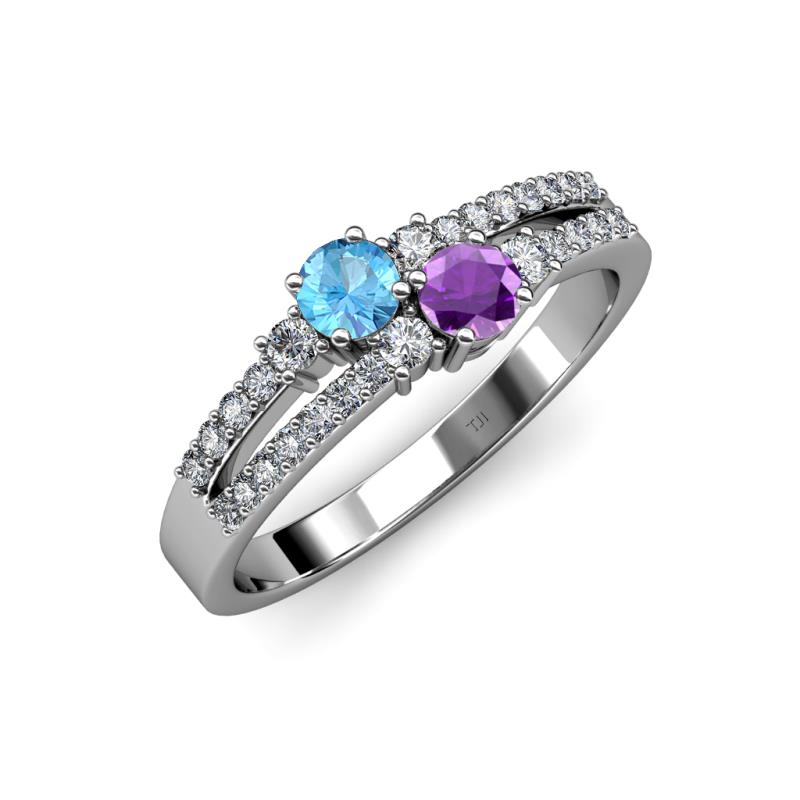 Zaira Blue Topaz and Amethyst with Side Diamonds Split Shank Ring 
