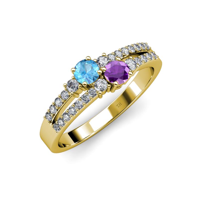Zaira Blue Topaz and Amethyst with Side Diamonds Split Shank Ring 