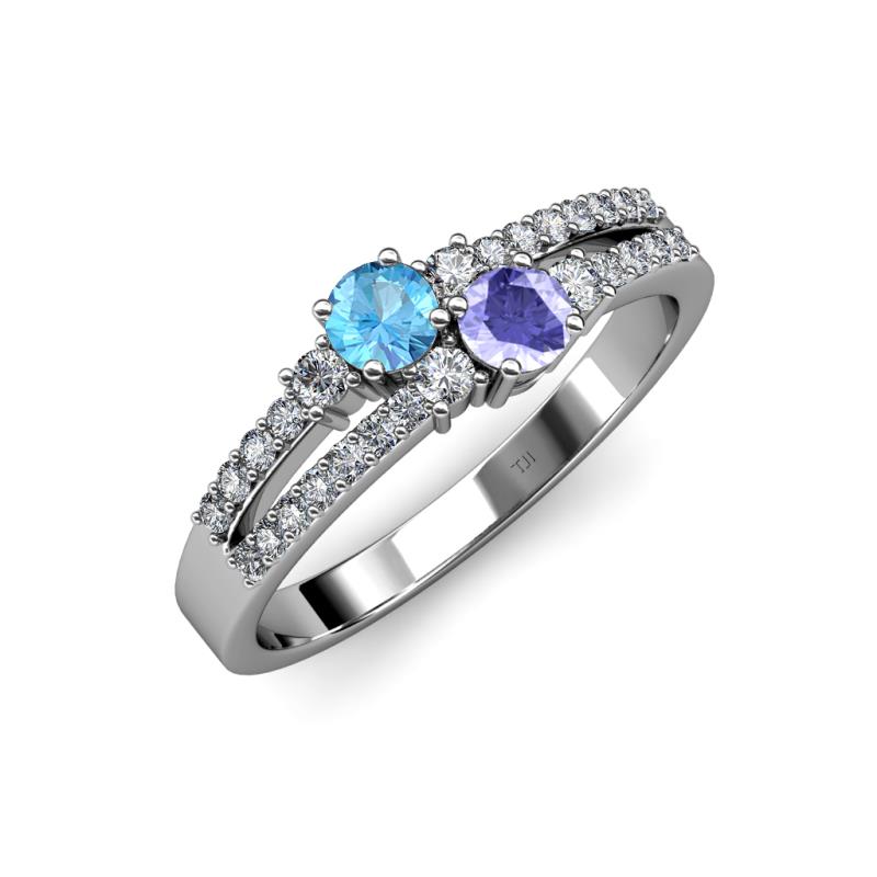 Zaira Blue Topaz and Tanzanite with Side Diamonds Split Shank Ring 