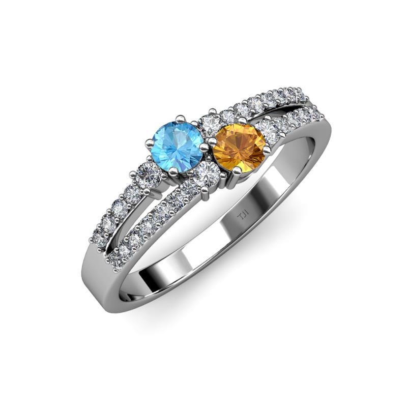 Zaira Blue Topaz and Citrine with Side Diamonds Split Shank Ring 