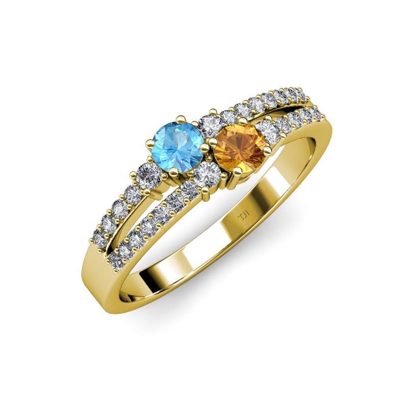 Zaira Blue Topaz and Citrine with Side Diamonds Split Shank Ring 
