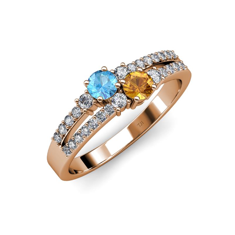 Zaira Blue Topaz and Citrine with Side Diamonds Split Shank Ring 