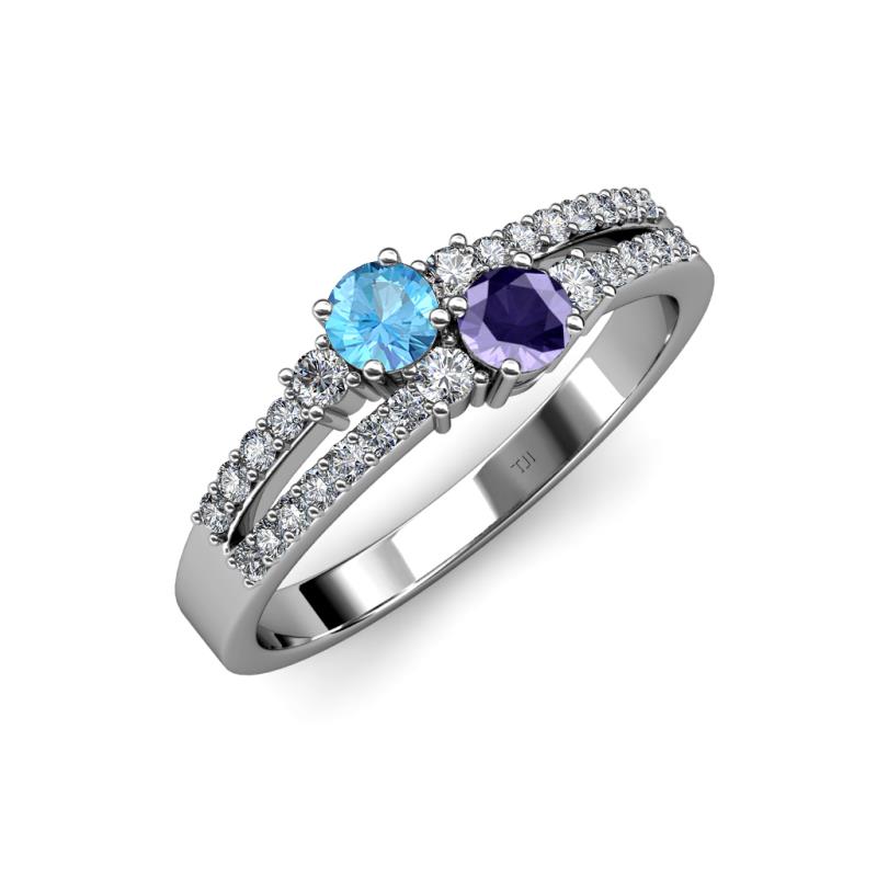 Zaira Blue Topaz and Iolite with Side Diamonds Split Shank Ring 