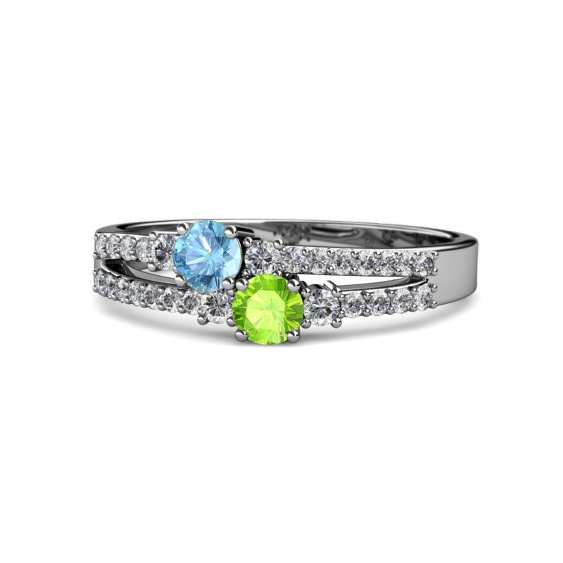 Zaira Blue Topaz and Peridot with Side Diamonds Split Shank Ring 