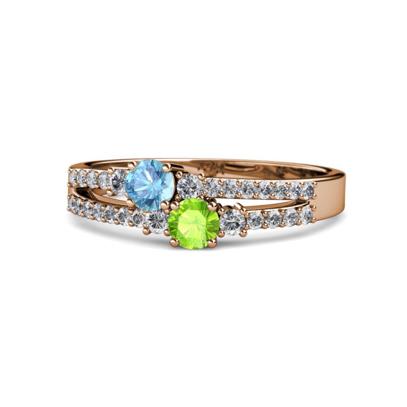 Zaira Blue Topaz and Peridot with Side Diamonds Split Shank Ring 