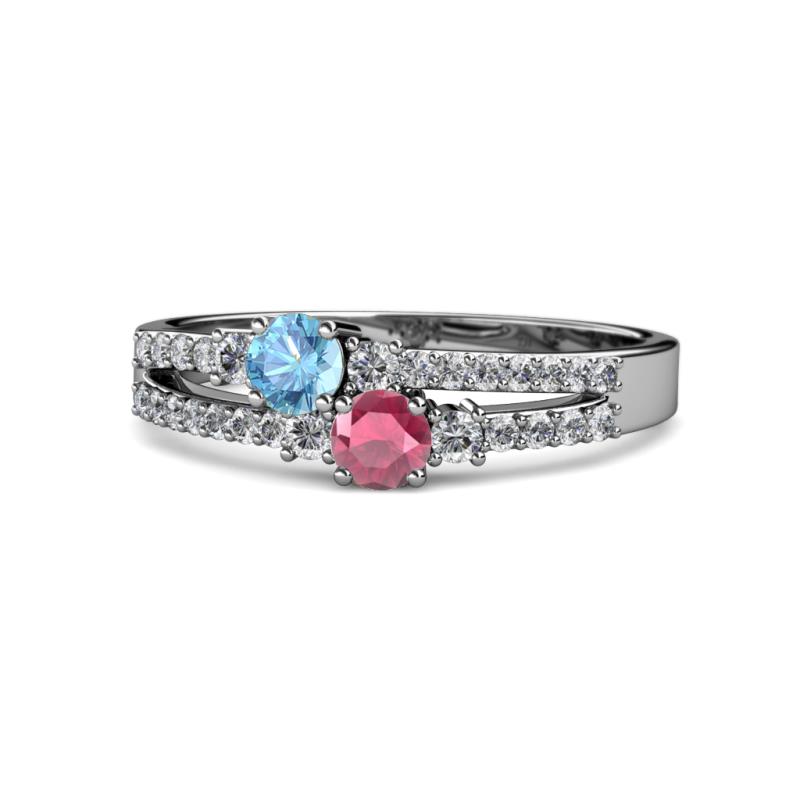 Zaira Blue Topaz and Rhodolite Garnet with Side Diamonds Split Shank Ring 