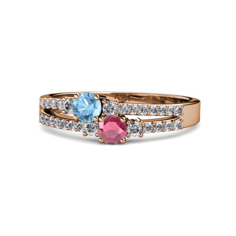 Zaira Blue Topaz and Rhodolite Garnet with Side Diamonds Split Shank Ring 