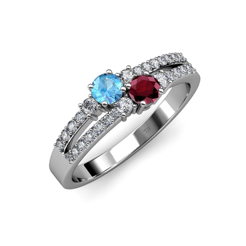 Zaira Blue Topaz and Ruby with Side Diamonds Split Shank Ring 