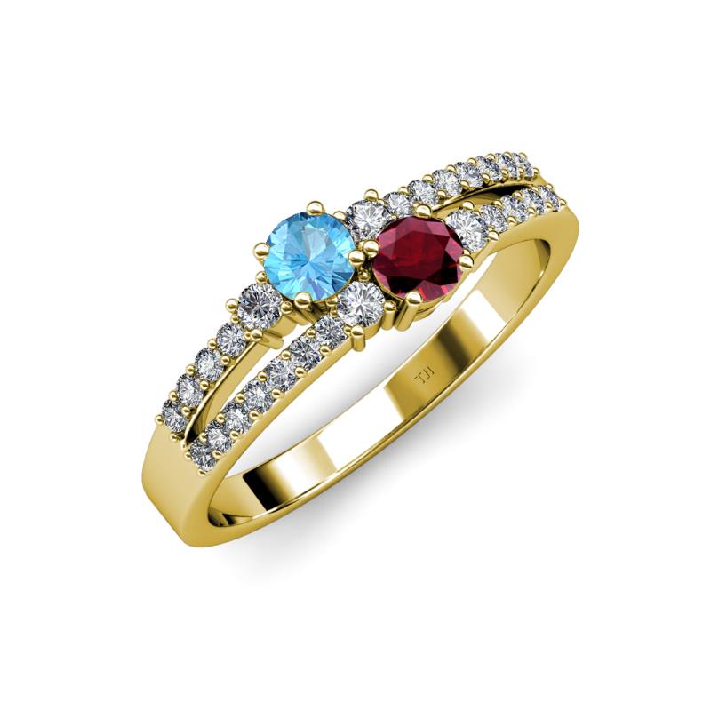 Zaira Blue Topaz and Ruby with Side Diamonds Split Shank Ring 