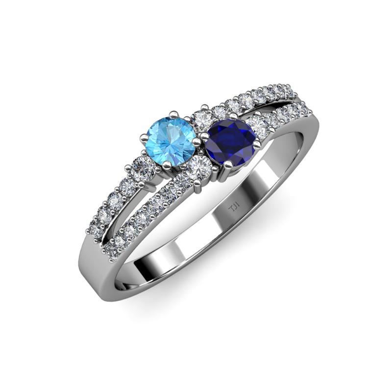 Zaira Blue Topaz and Blue Sapphire with Side Diamonds Split Shank Ring 