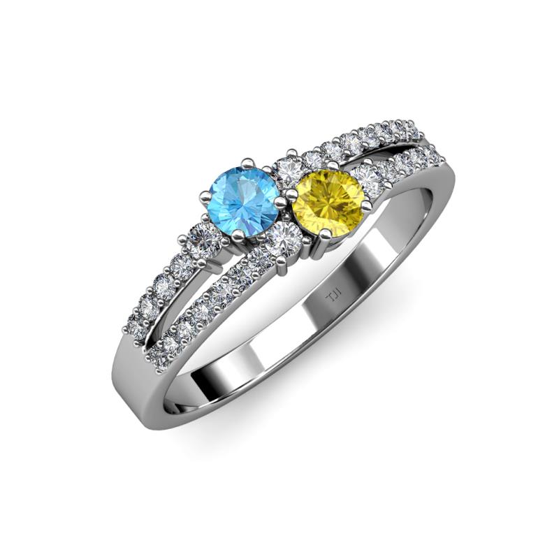 Zaira Blue Topaz and Yellow Sapphire with Side Diamonds Split Shank Ring 