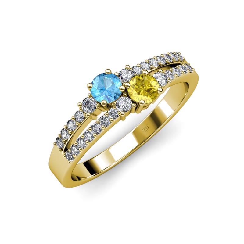 Zaira Blue Topaz and Yellow Sapphire with Side Diamonds Split Shank Ring 