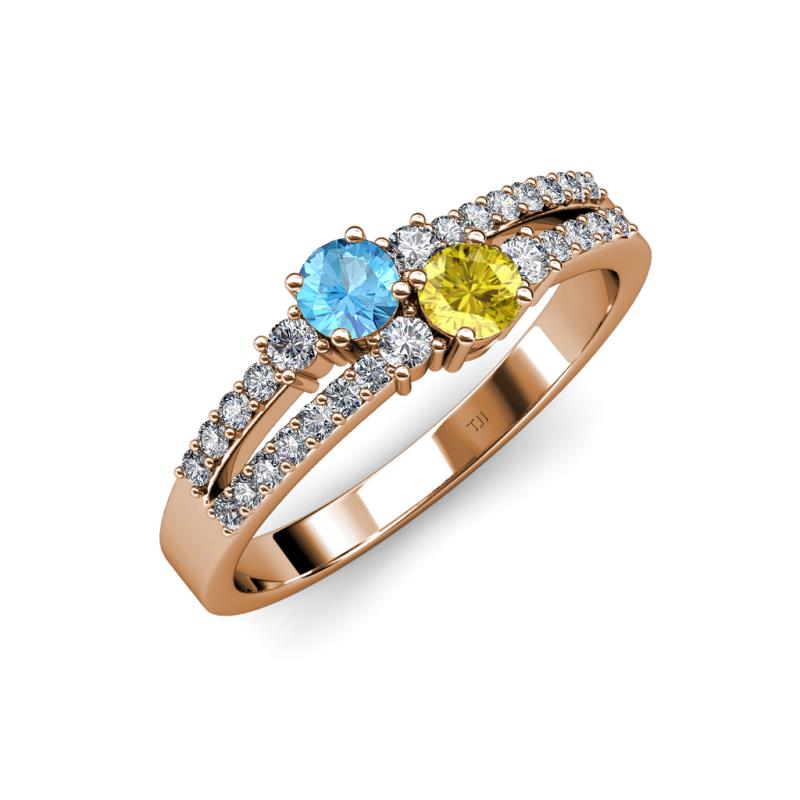 Zaira Blue Topaz and Yellow Sapphire with Side Diamonds Split Shank Ring 