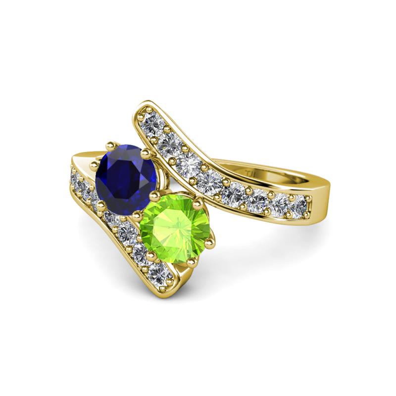 Eleni Blue Sapphire and Peridot with Side Diamonds Bypass Ring 