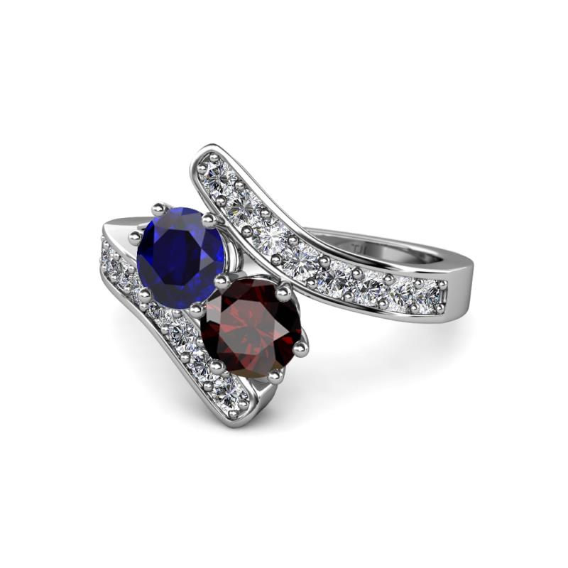 Eleni Blue Sapphire and Red Garnet with Side Diamonds Bypass Ring 