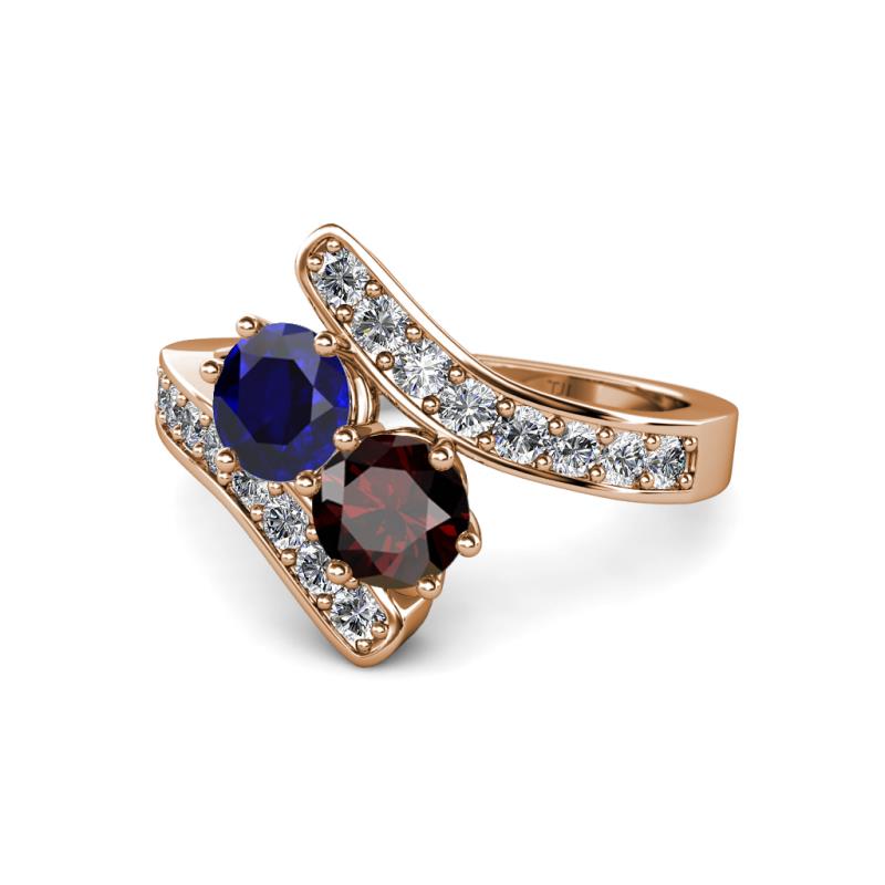 Eleni Blue Sapphire and Red Garnet with Side Diamonds Bypass Ring 