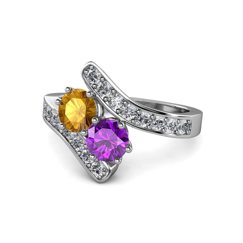 Eleni Citrine and Amethyst with Side Diamonds Bypass Ring 