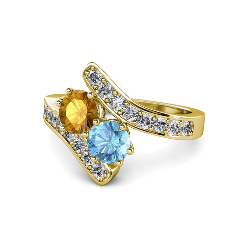 Eleni Citrine and Blue Topaz with Side Diamonds Bypass Ring 